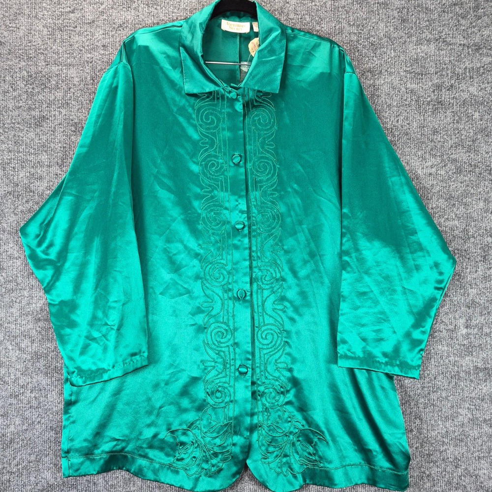 Victoria's Secret Pajama Top Embroidered Satin Small Green Women
